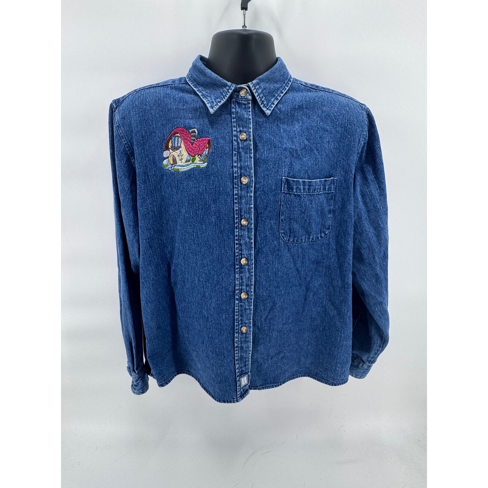 Christopher & Banks Womens Denim Shirt Cottagecore Embroidered House Blue Size L - Picture 2 of 5